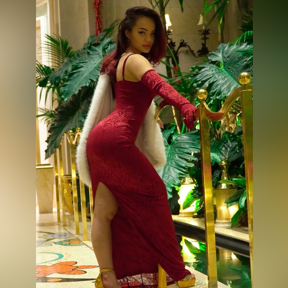 Fashion Nova Elegant Romance Glove Set Red Burgundy Lace Evening Dress Size XS